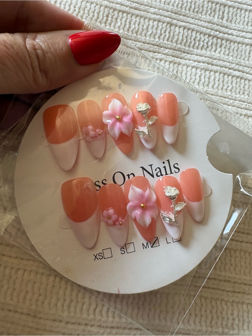 3D Peach Pink Rose Floral French Press-On Nail Set Size Medium
